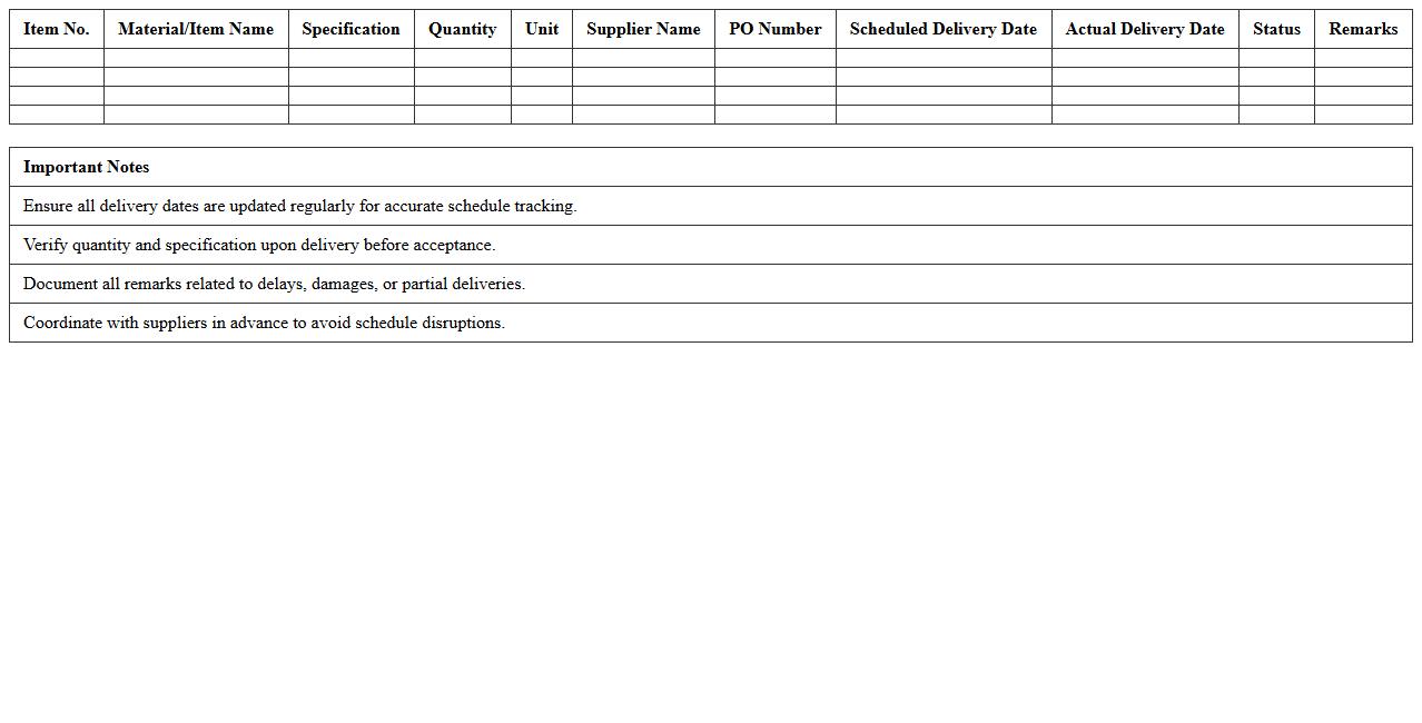 Construction Supply Delivery Schedule Excel Sheet