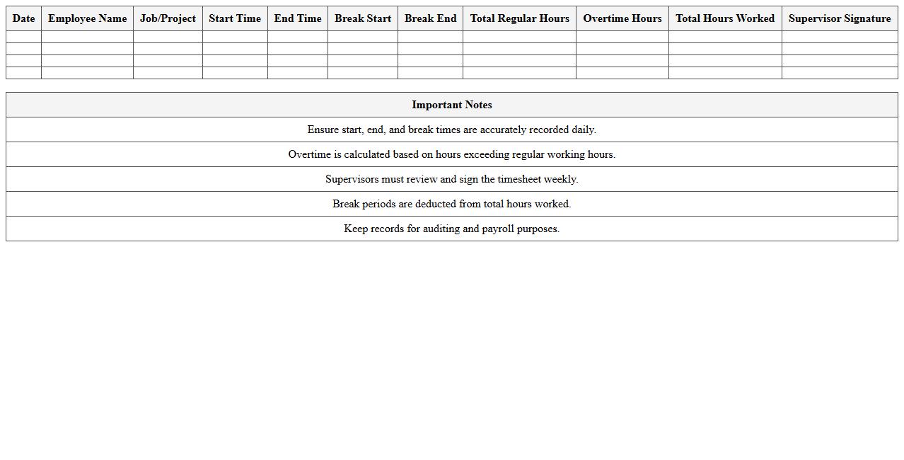 Construction Timesheet with Breaks and Overtime Calculator