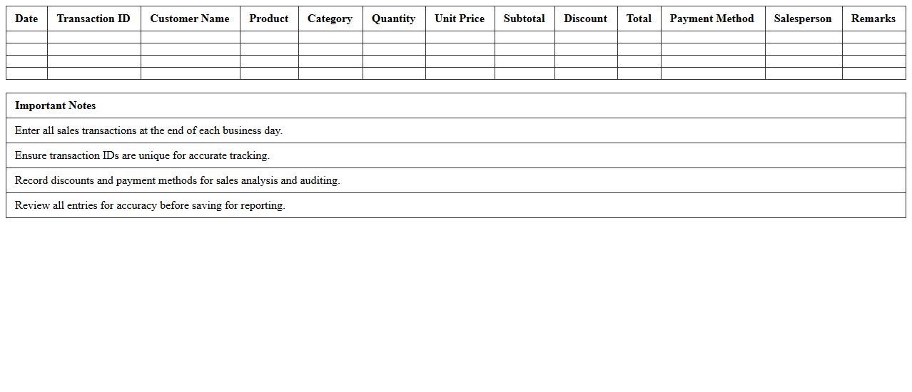 Daily Retail Sales Transaction Log Excel Template