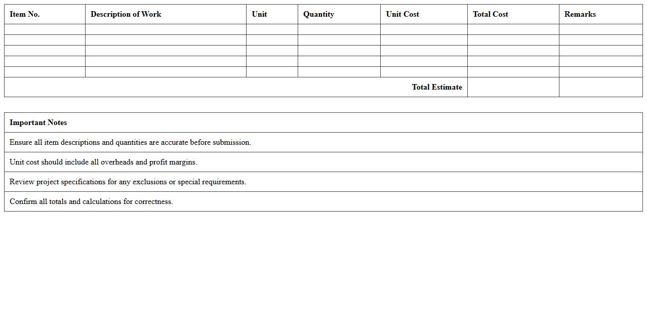 Detailed Bid Proposal Estimate Template