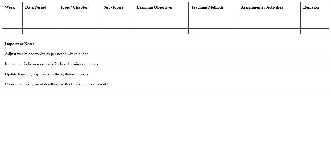 Detailed Subject Syllabus Planner Excel
