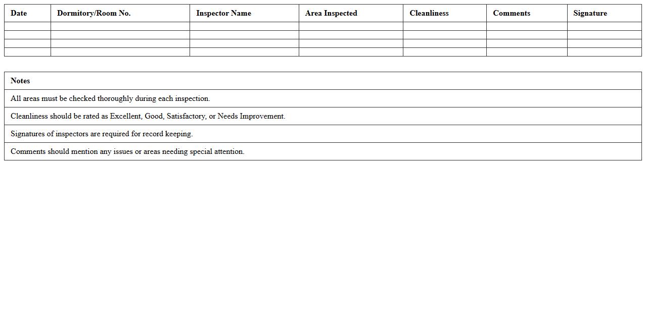 Dormitory Cleaning Inspection Excel Sheet