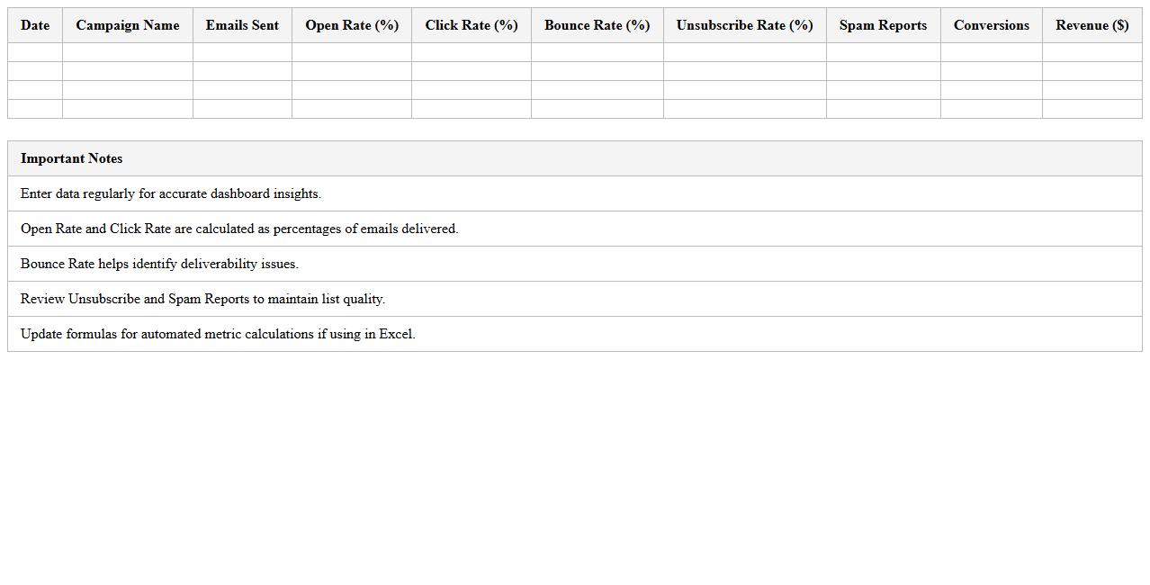 Email Marketing Metrics Dashboard Excel Template