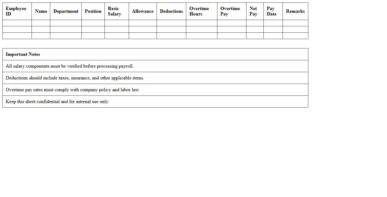 Employee Payroll Calculation Sheet Template