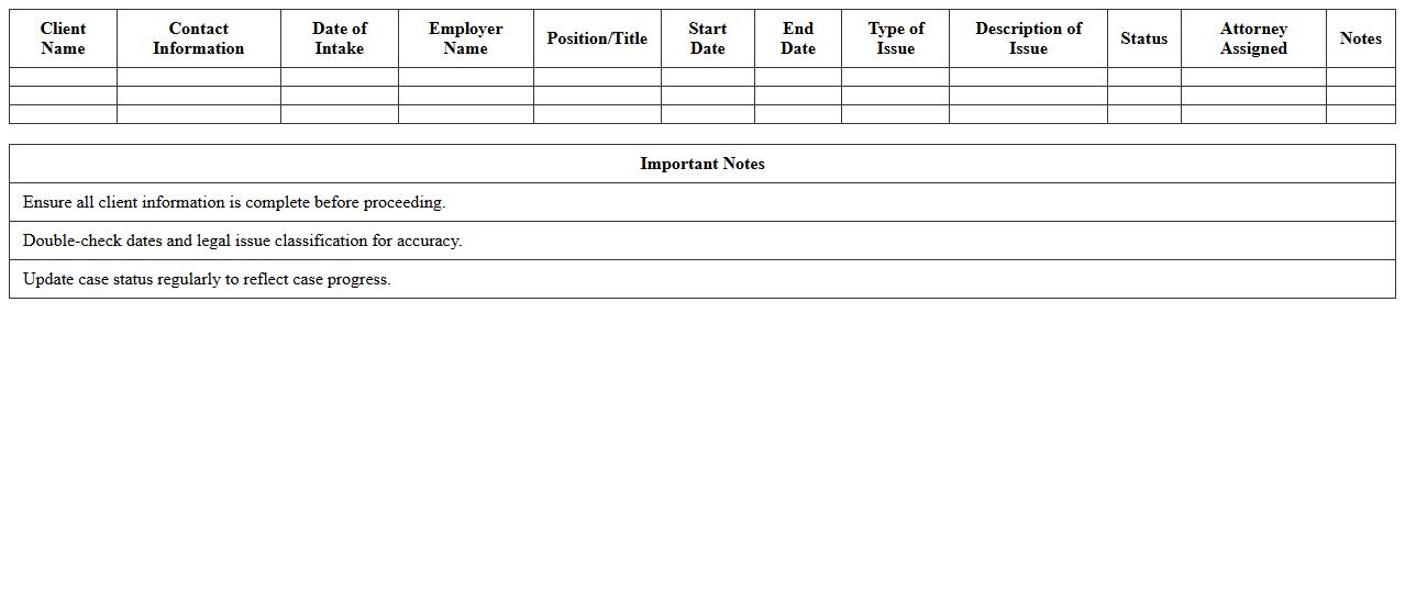 Employment Law Client Intake Excel Template
