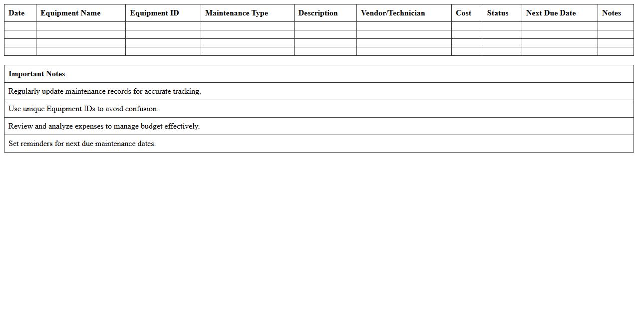 Equipment Maintenance Expense Tracker Excel Template