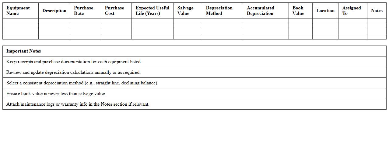 Equipment Purchase & Depreciation Record Sheet