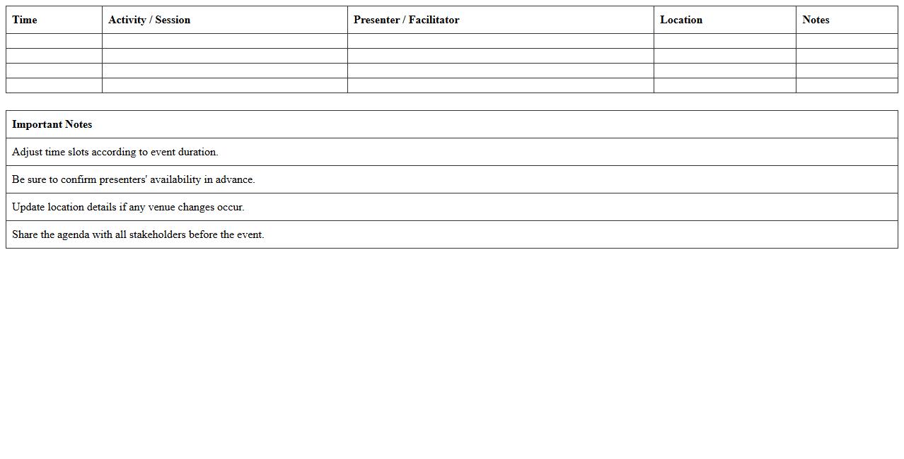Event Agenda Timeline Excel Worksheet
