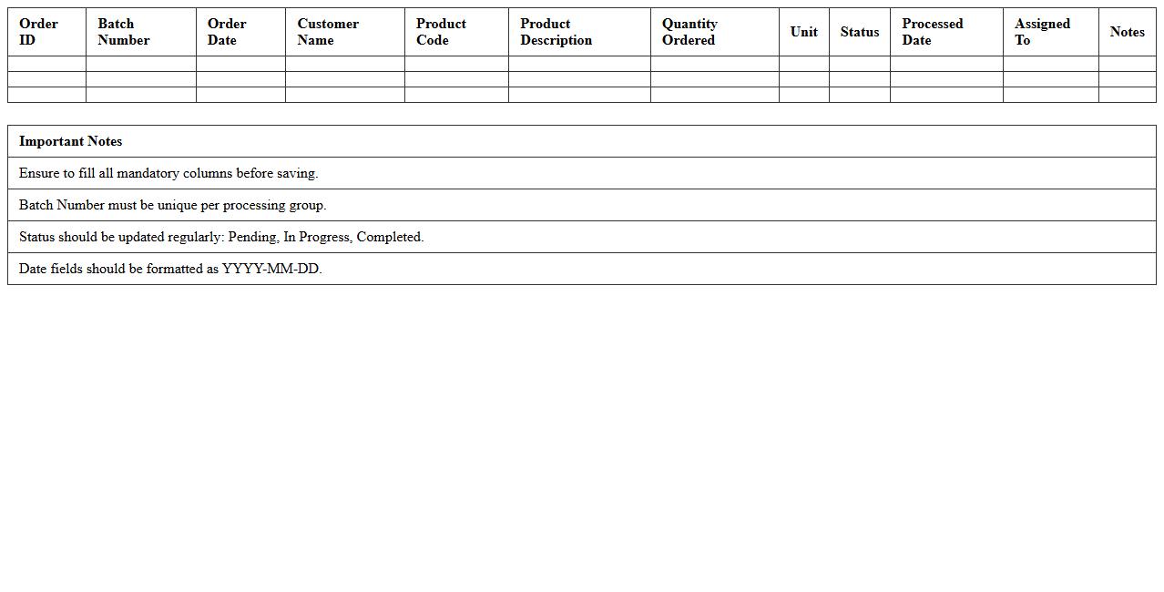 Excel Template for Batch Processing Order Log