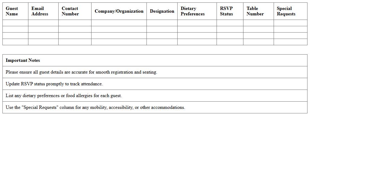 Gala Dinner Guest Registration Excel Template