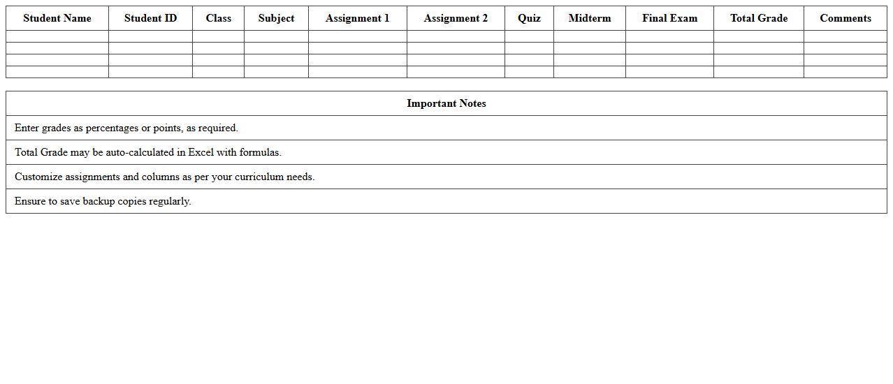 High School Student Gradebook Excel Template