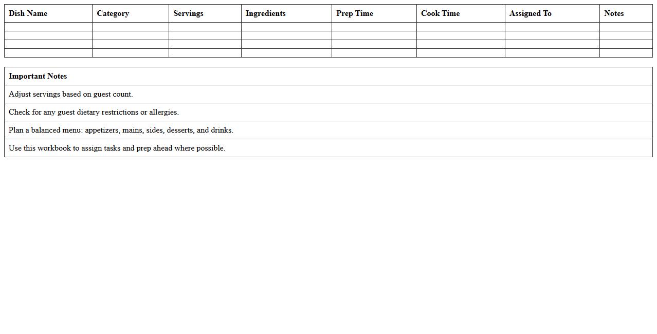 Holiday Party Menu Planning Excel Workbook
