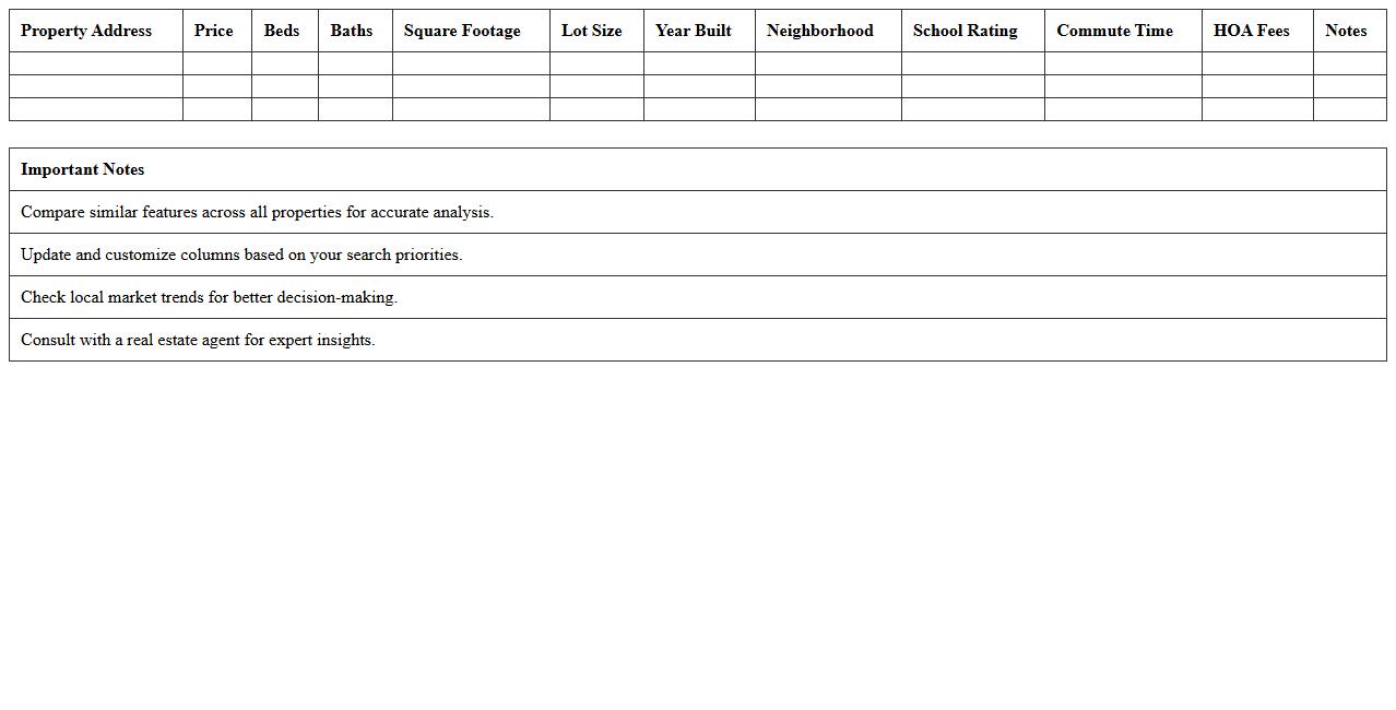 Home Search Comparison Chart Excel Template