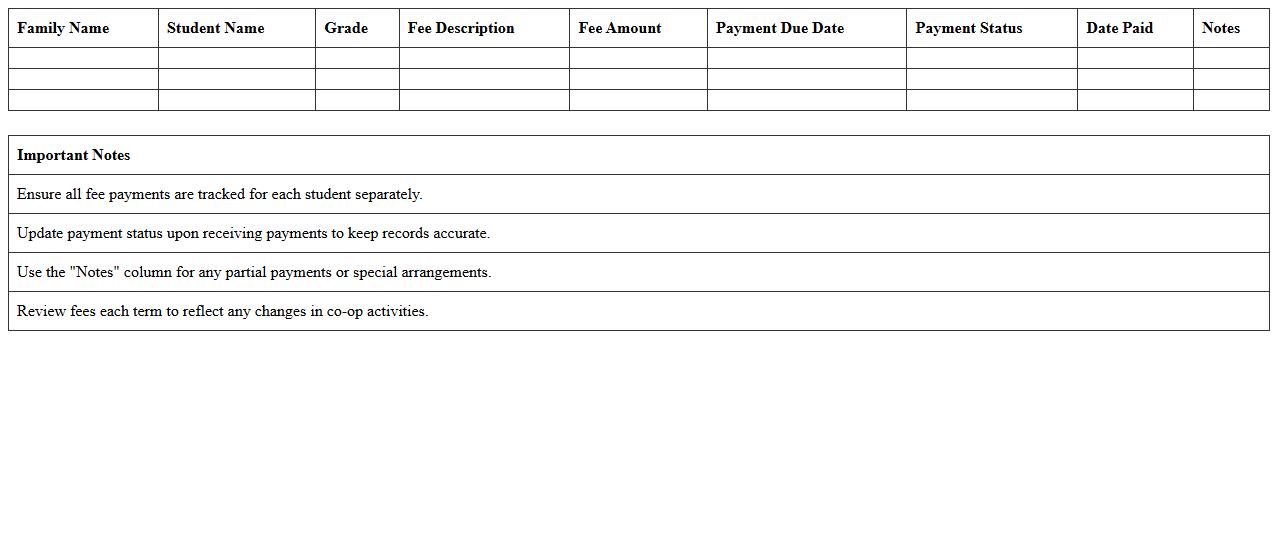 Homeschool Co-op Fees Tracker Excel Spreadsheet