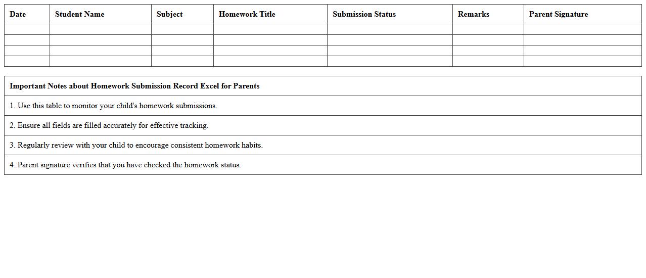Homework Submission Record Excel for Parents