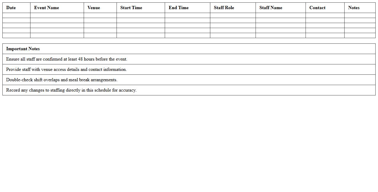 Hospitality Event Staffing Schedule Spreadsheet
