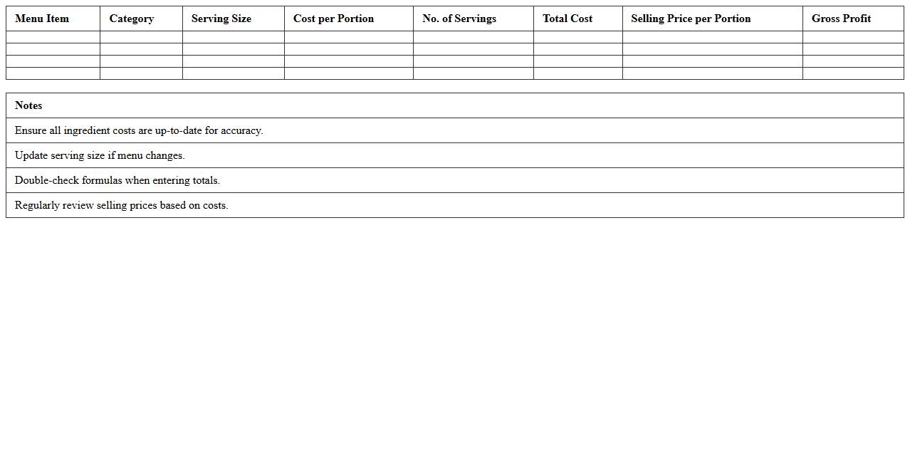 Hotel Buffet Menu Food Cost Excel Workbook