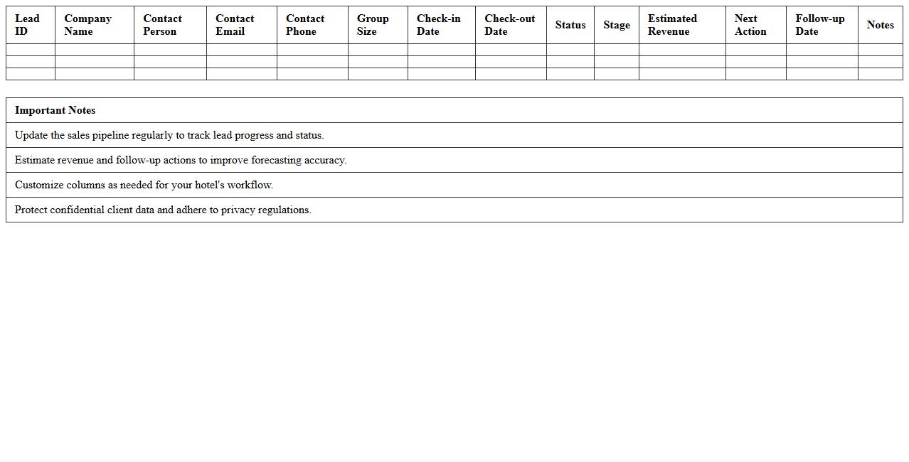 Hotel Group Booking Sales Pipeline Tracker Excel Template