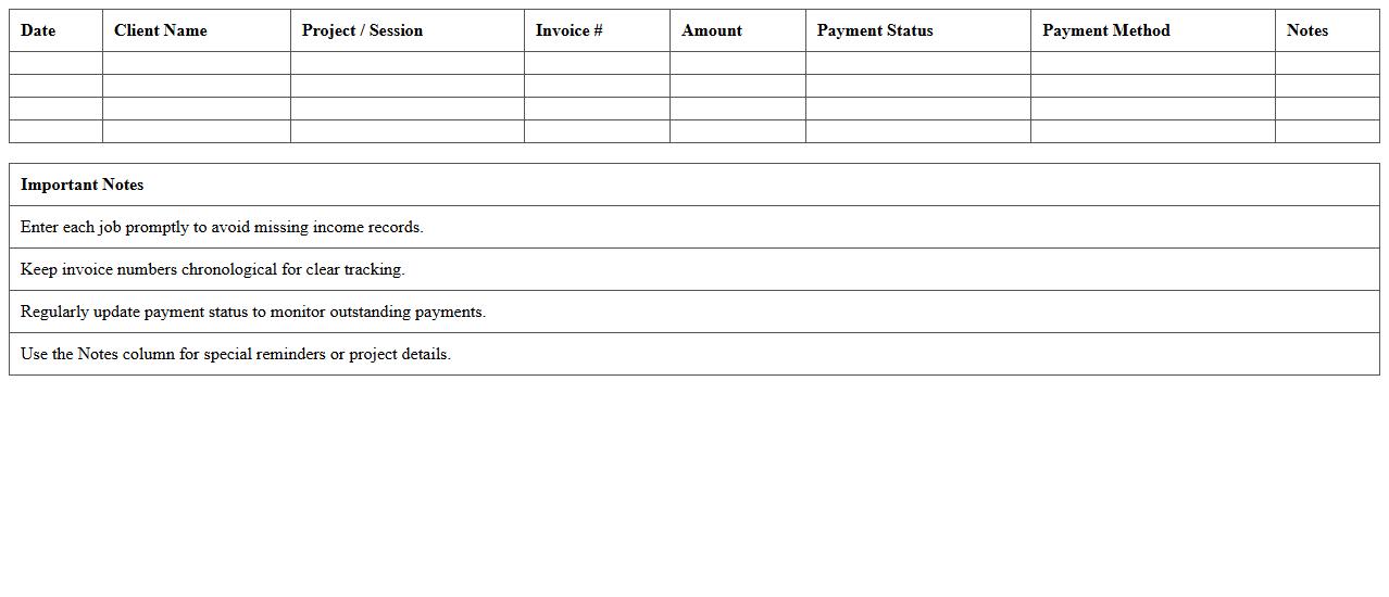 Income Tracker Spreadsheet for Photographers