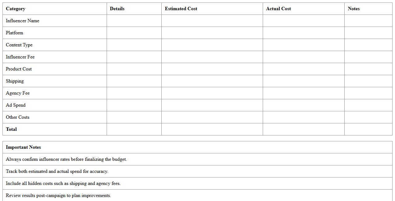 Influencer Marketing Campaign Budget Worksheet