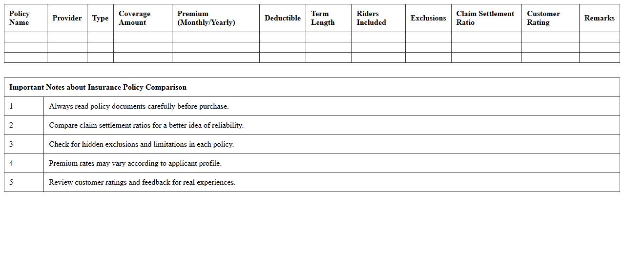 Insurance Policy Comparison Excel Sheet