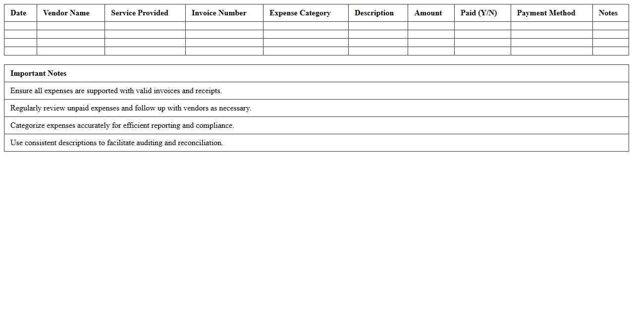 Law Firm Vendor Expense Log Sheet