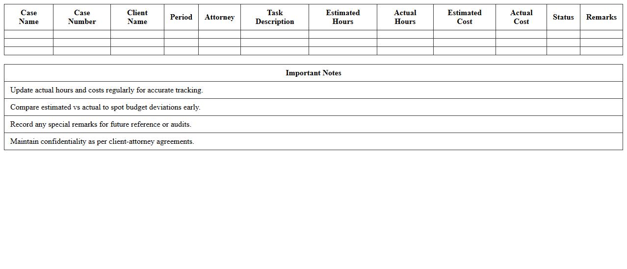 Legal Case Budget Tracking Spreadsheet