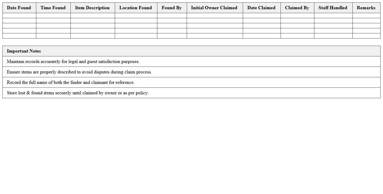 Lost and Found Record Excel Template for Hospitality Inns