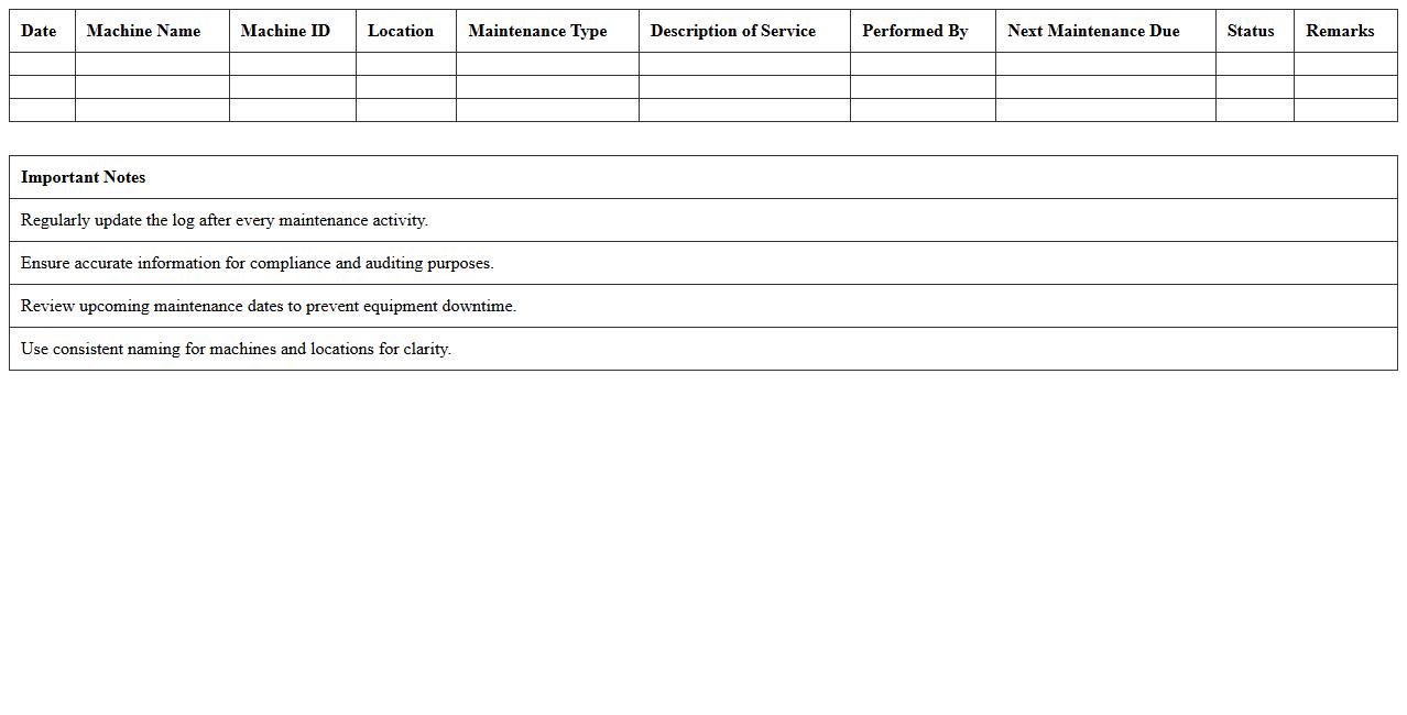 Machine Maintenance Log Excel Template