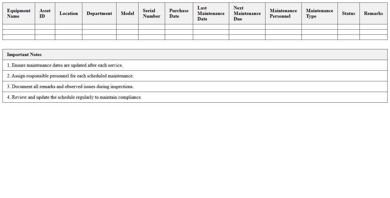 Medical Equipment Maintenance Schedule Excel Template