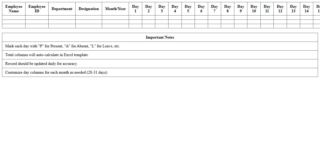 Monthly Employee Attendance Sheet Excel Template