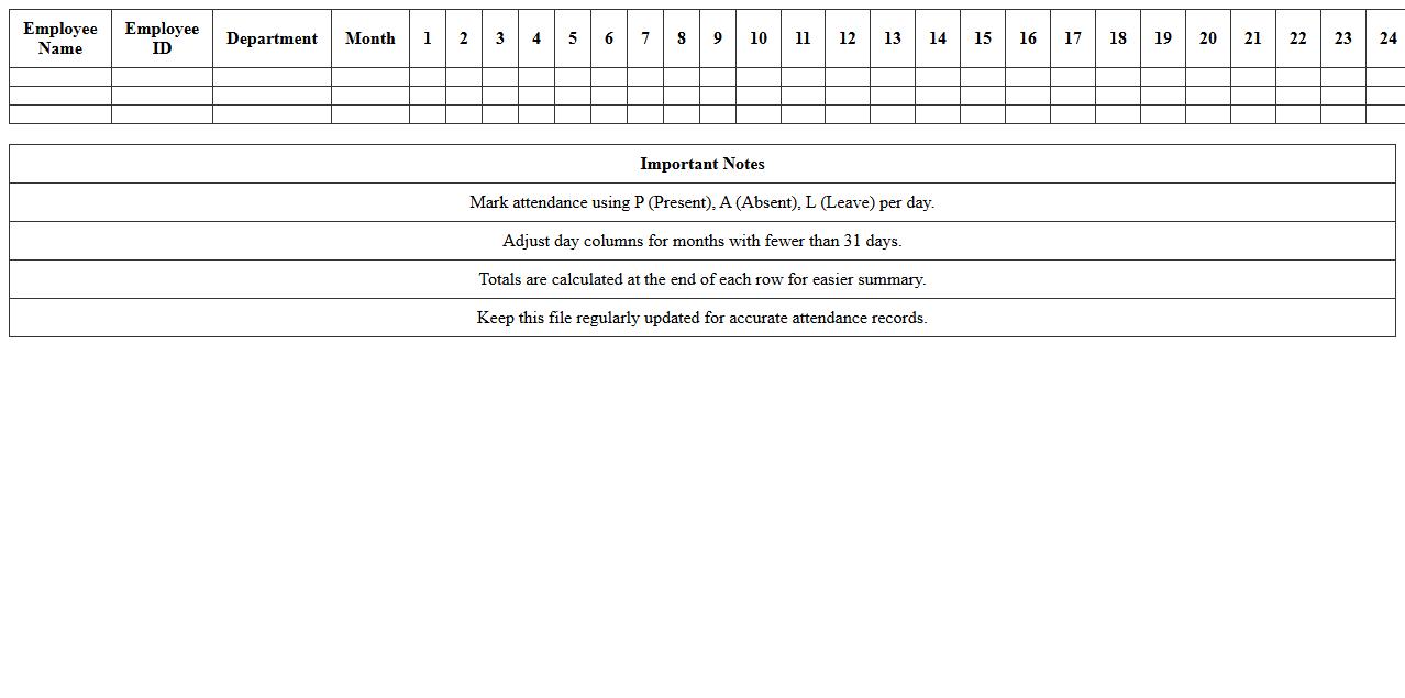 Monthly Employee Attendance Tracker Excel Template