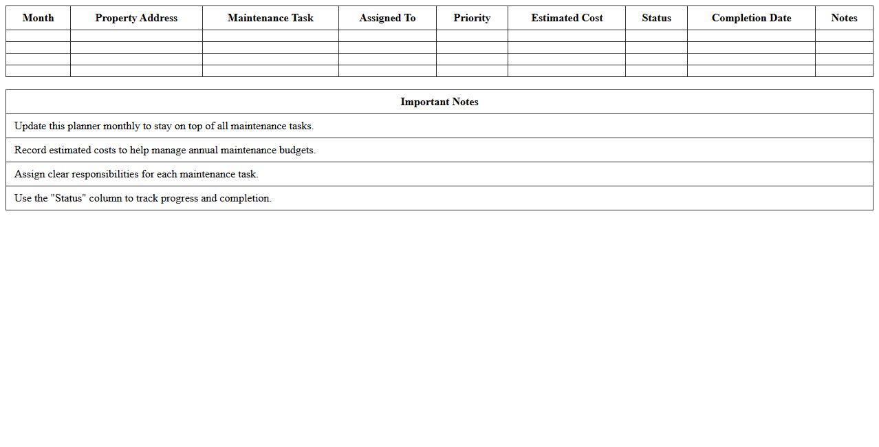 Monthly Real Estate Maintenance Planner Excel Template
