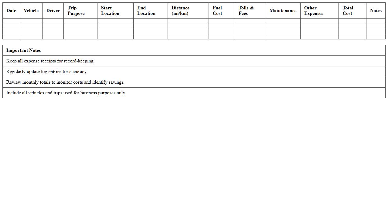 Monthly Transportation Cost Log for Small Business Excel