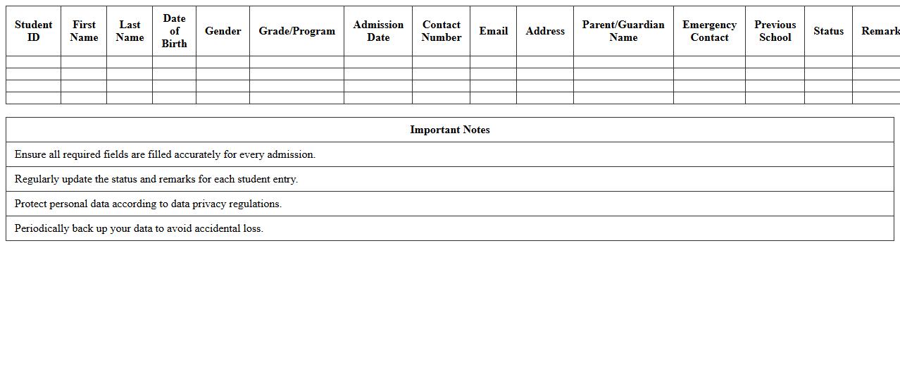 New Admissions Data Management Excel Template