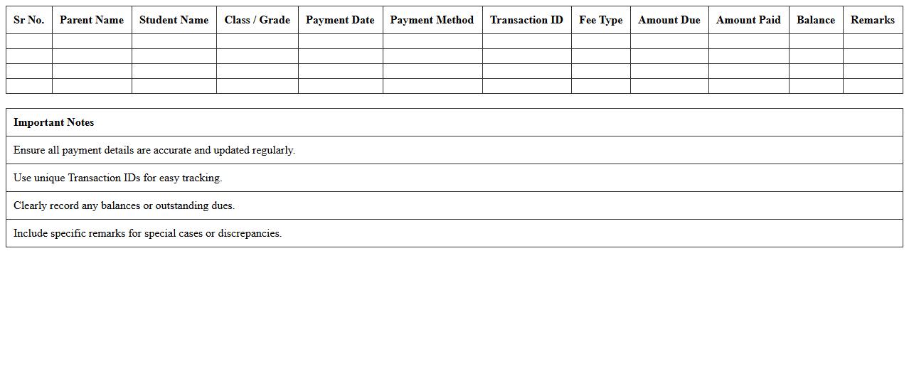 Parent Payment History Ledger Excel for Academies