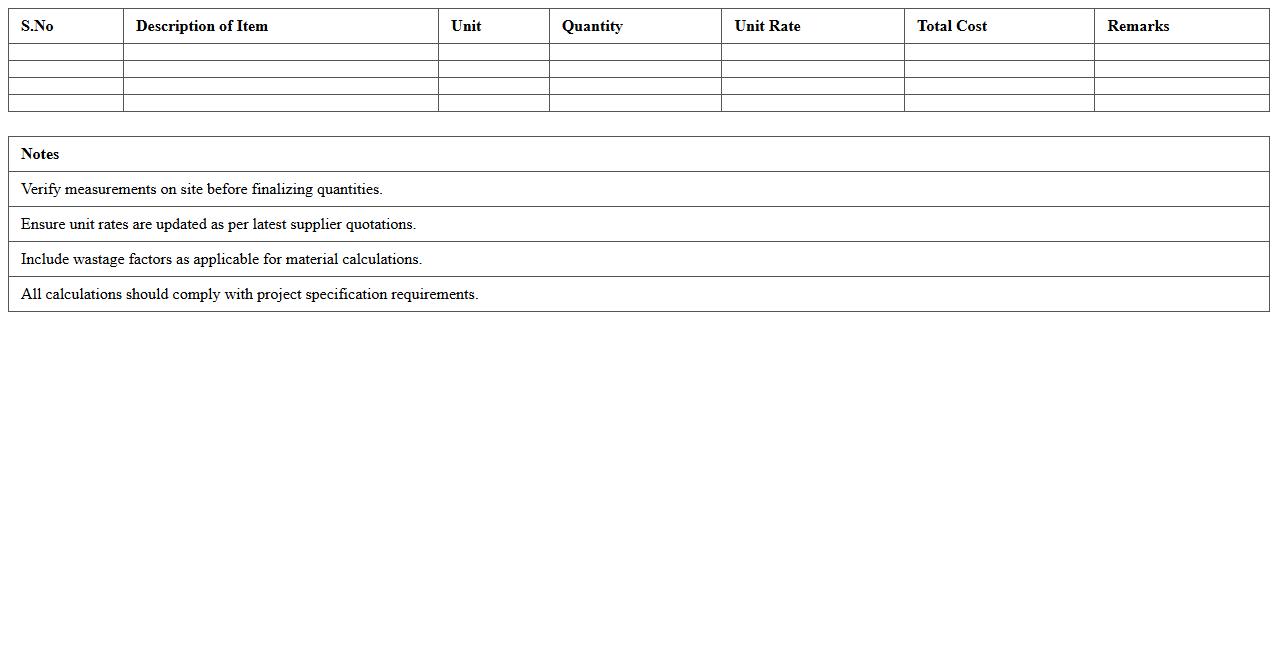 Plumbing Materials Quantity Takeoff Excel Sheet