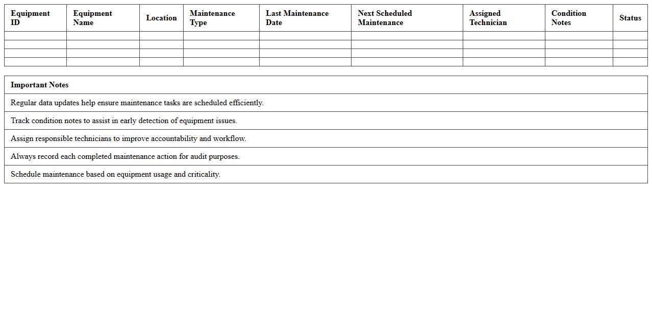 Predictive Maintenance Planning Excel Template for Manufacturing Equipment