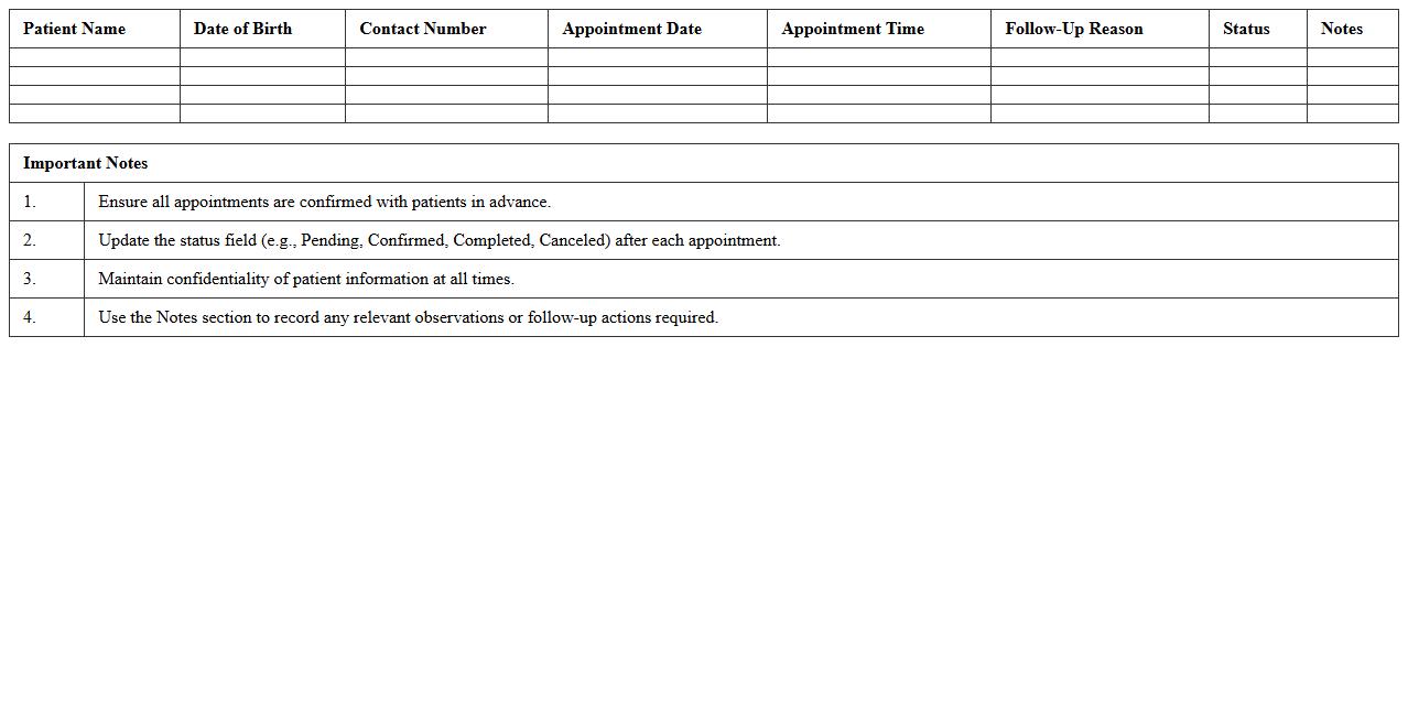 Private Practice Follow-Up Appointment Log Sheet