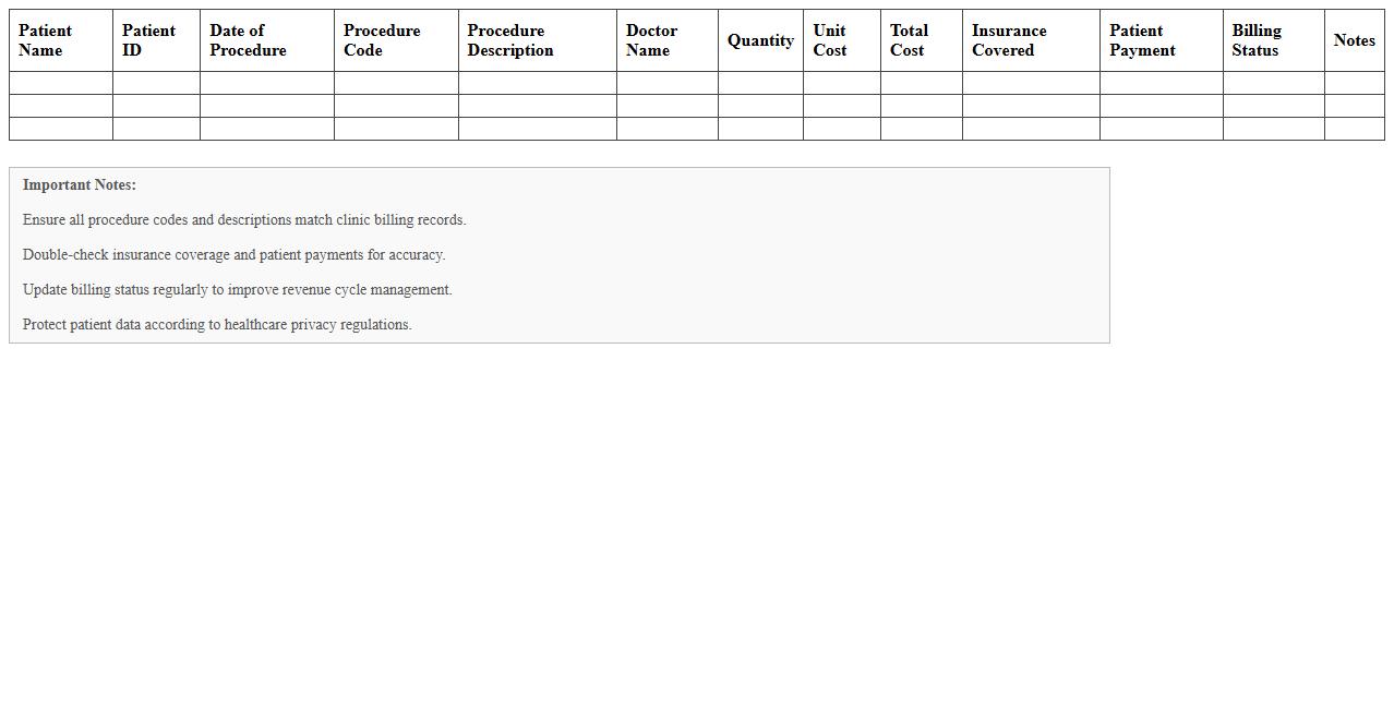 Procedure Billing Summary Excel Template for Clinics