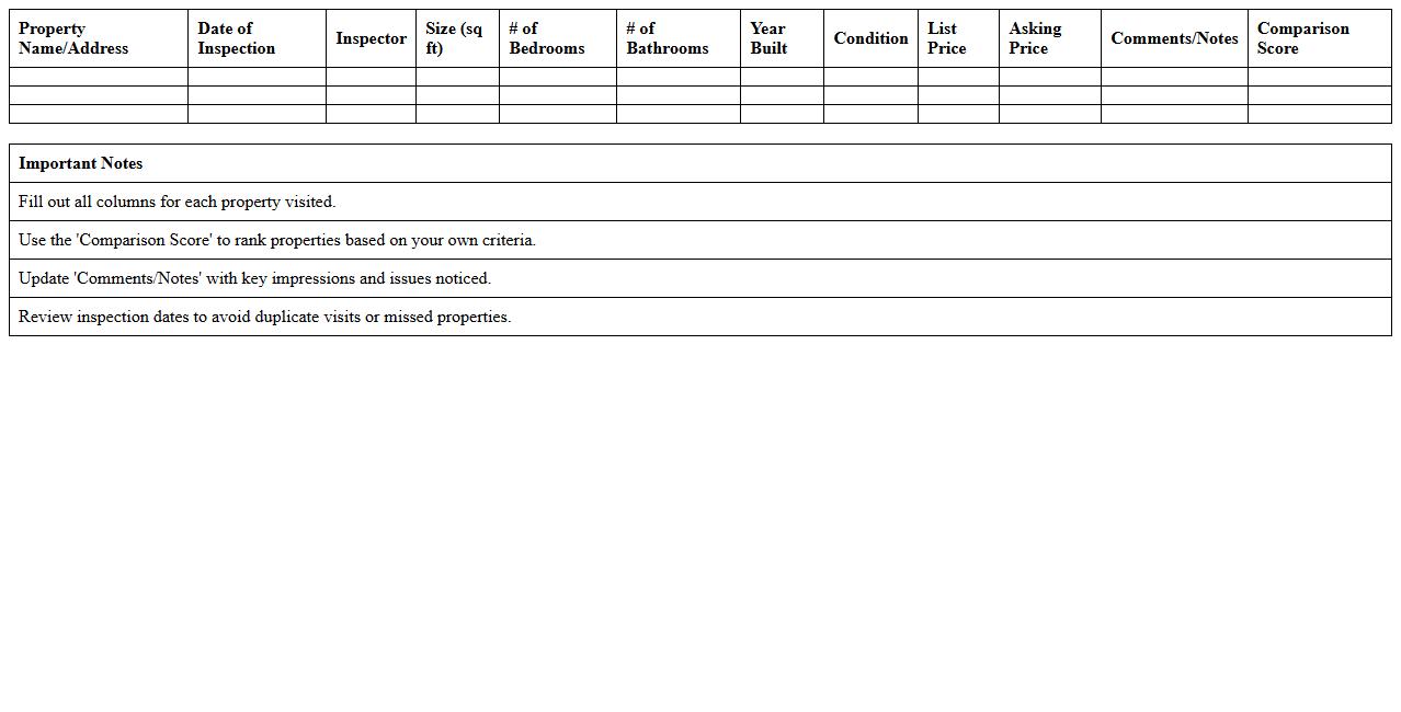 Property Inspection & Comparison Log Spreadsheet
