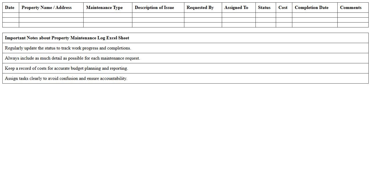 Property Maintenance Log Excel Sheet