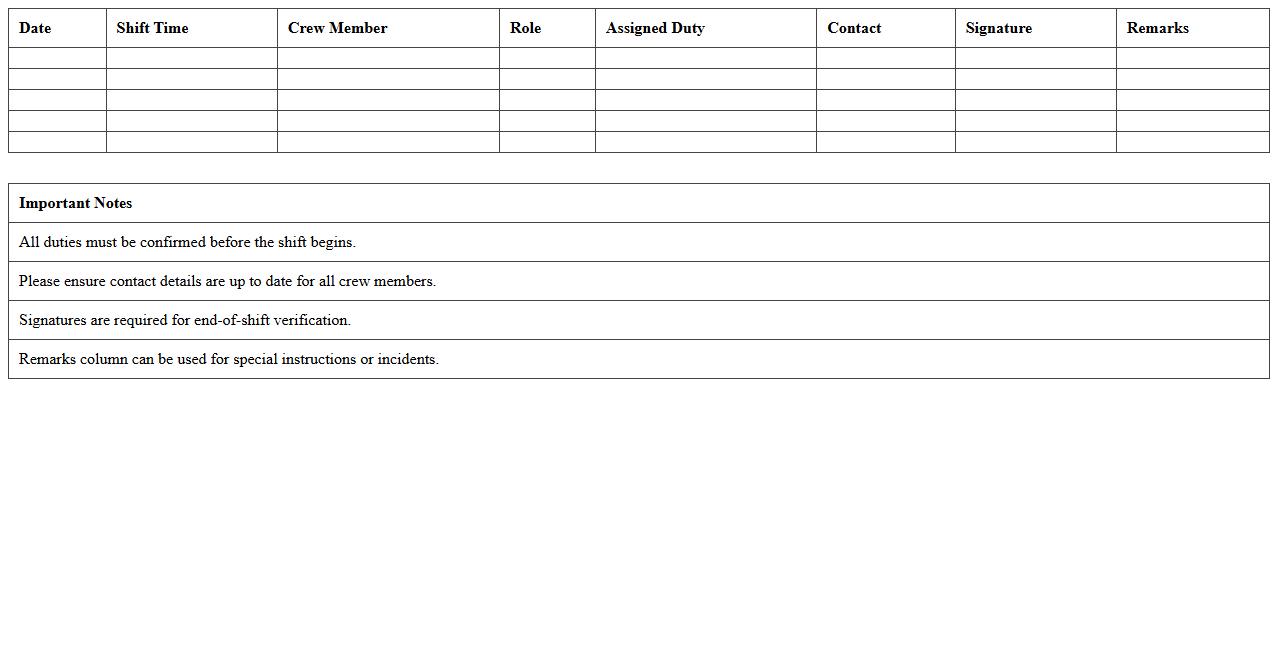 Pub Crew Duty Allocation Excel Sheet