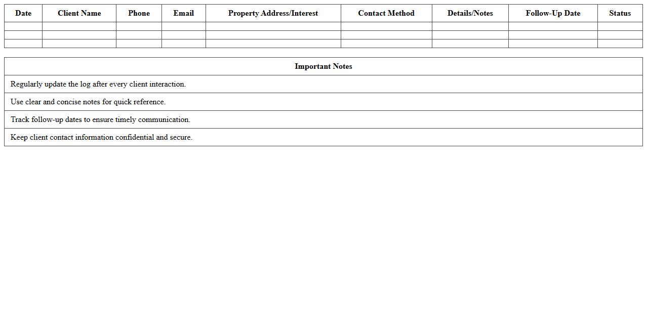 Real Estate Client Contact Log Excel Template