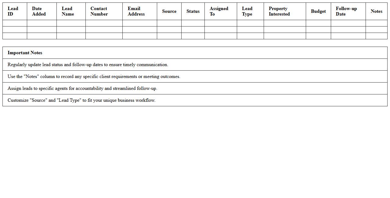 Real Estate CRM Excel Template for Lead Details