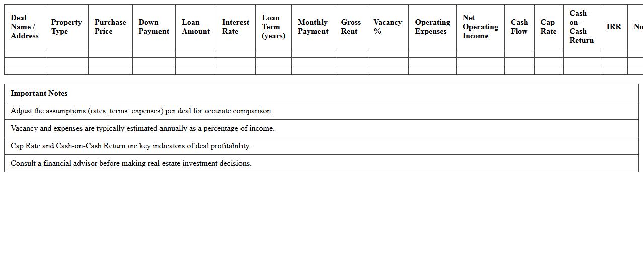 Real Estate Deal Comparison Excel Template