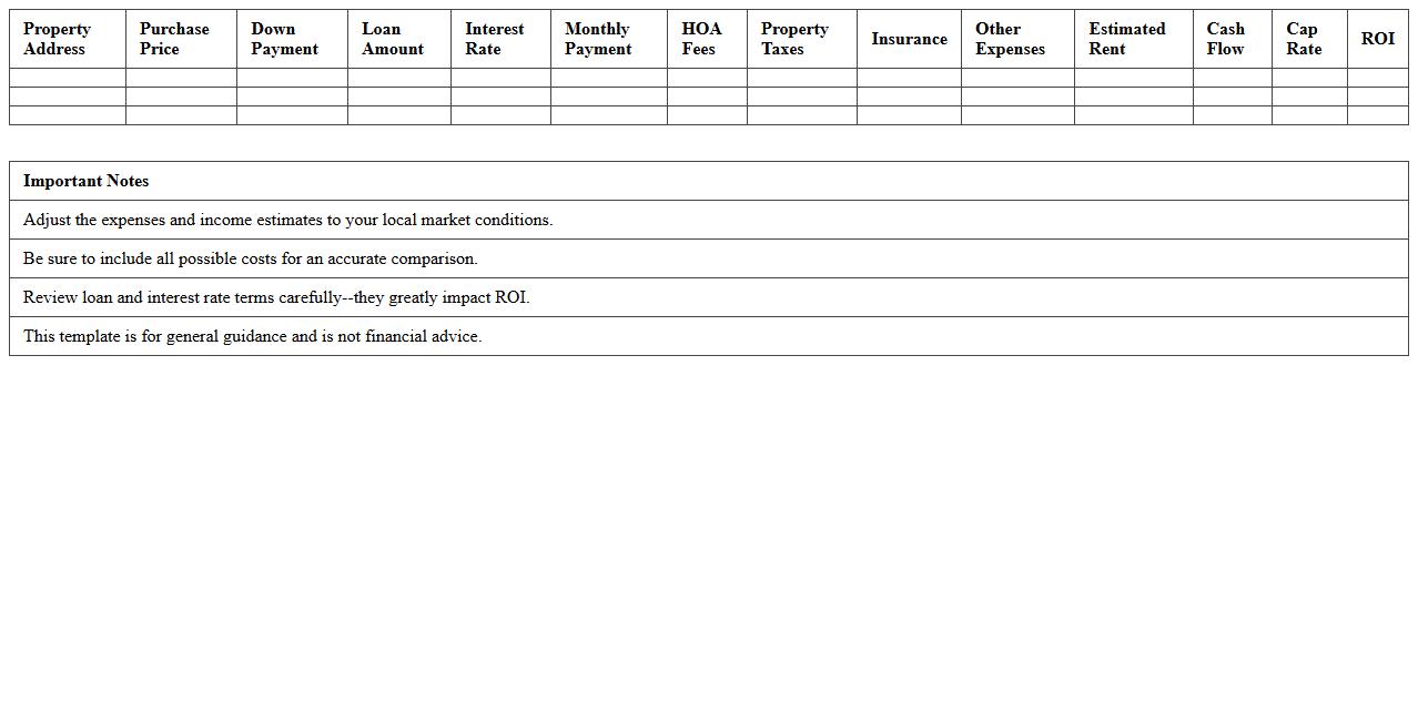 Real Estate Deal Comparison Excel Template