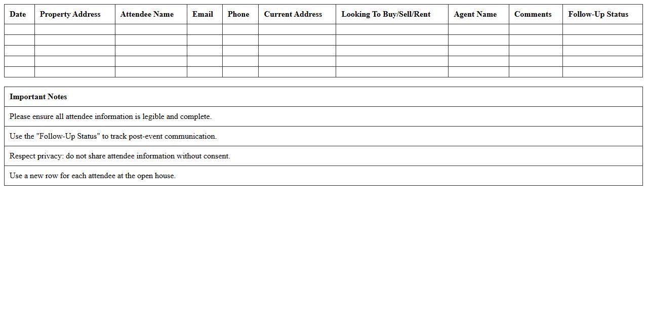 Real Estate Open House Attendee Sign-Up Excel Form