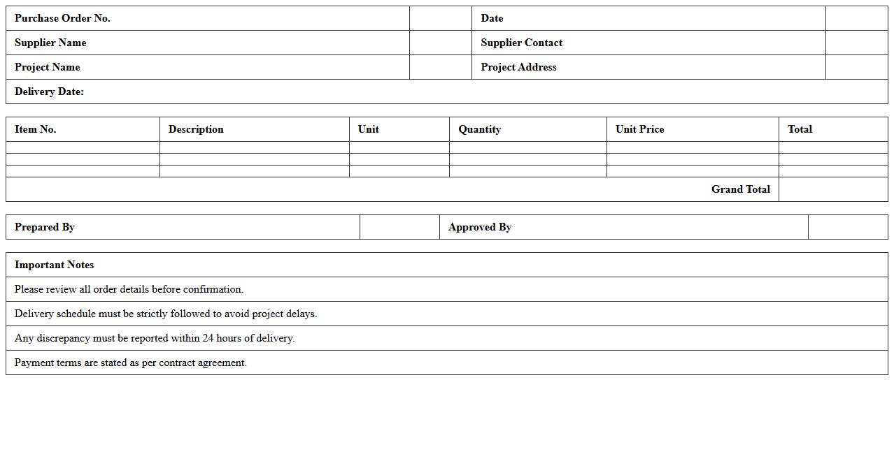 Renovation Project Purchase Order Excel Form for Suppliers