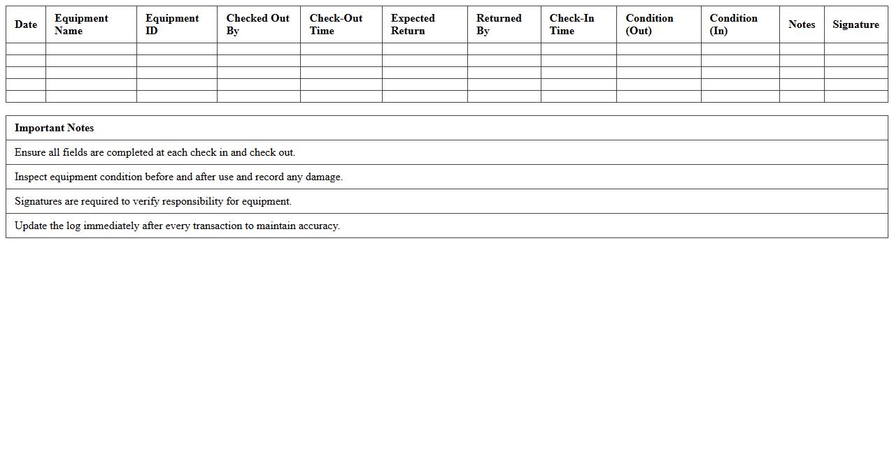 Rental Equipment Check-In/Out Log Excel Template